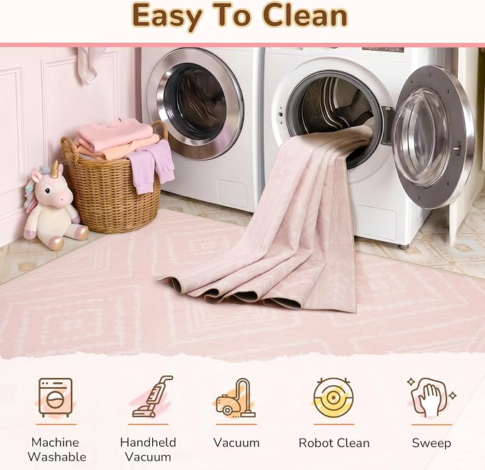 6'x9' Washable Area Rug for Living Room Bedroom Lightpink | Soft Western No Slip Low Pile Print Foldable Indoor for Kitchen Dining Room