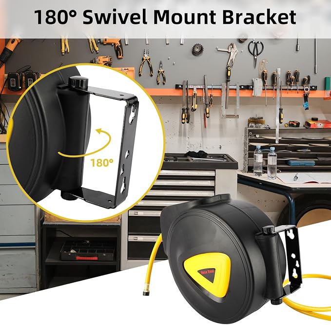 8MILELAKE Retractable Auto Rewind Air Hose Reel Wall Mount Tool Air Compressor 33ft x5/16inches 180 degree rotation Air Hose Reel