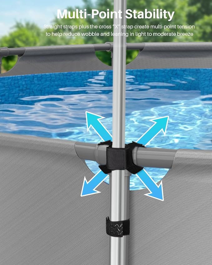 No-Drill Above-Ground Pool Umbrella Tie-Down Straps, Cross-Stabilizer Strap Design, Helps Reduce Wobble & Lean on Pool Frame Rails, Suitable for Intex/Bestway Frame Pools and Most Swimming Pools