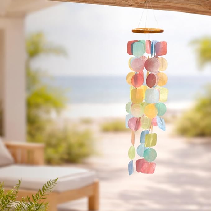 Solange & Frances Colorful Beachy Home Decor Wind Chimes for Outside. Capiz Shell Wind Chimes, Relaxing Beach Gift for Women, Gifts for Mom and Birthday Gifts for Women