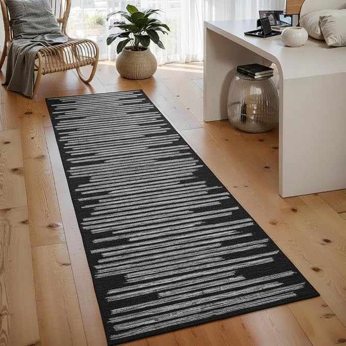 GarveeHome 2x6 Black Runner Rug for Hallway Striped Non Slip Kitchen Rug | Non-Slip Washable Low Pile Carpet for Bedroom Entryway Stain Resistant Foldable Soft Enreyway Rugs