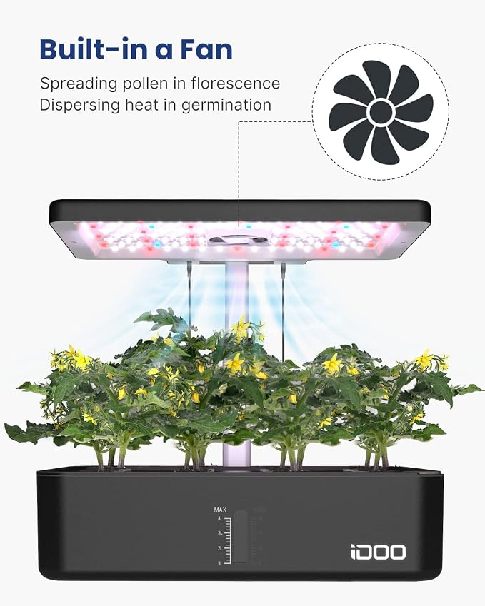 iDOO 12Pods Hydroponics Growing System Garden with LED Grow Light | Indoor Herb Garden for Home Office, Built-in Fan, Auto-Timer, Adjustable Height Up to 11.3", Gift for Women Men Fathers