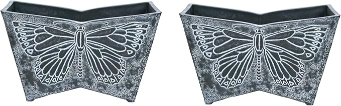 GreenShip 16 Inch Large Resin Flower Pots Set of 2, Resin Planter Pot with Drainage Hole, Vintage Butterfly Embossed Decorative Garden Pot, Weather-Resistant for Porch, Patio, Indoor Use, Dark Grey