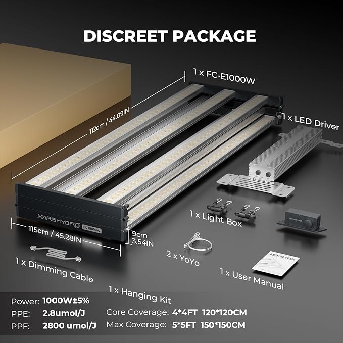 Mars Hydro FC-E1000W 5x5 LED Grow Light Full Spectrum for Veg Bloom Flower | BEST VALUE: Bridgelux 2835 Diodes, Osram660nm CSSRM6.24, 2.8 μmol/J PPE, 2800 μmol/J PPF, Max Coverage 5x5ft, Foldable Design