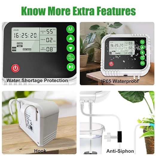 Lewisia Automatic Drip Irrigation System, Indoor Self Watering Kit with LCD Timer Display for 15 Potted Plants Water Shortage Protection, USB Rechargeable, DIY Plant Waterer
