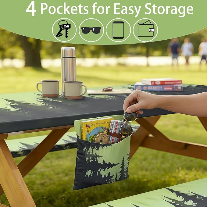 Fitted Waterproof Picnic Table Cover with Bench Covers Elastic 96×30In 3 Piece Camping Table Cloth for 8Ft Rectangle Tables Outdoor Camper Gifts Supplies Patio Rv Traveling Hiking Must Haves