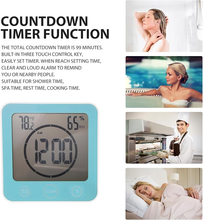 Digital Bathroom Shower Wall Clock Timer, LCD Digital Wall Clock with Suction Waterproof Temperature Humidity Gauge, Touch Screen Timer, Large Countdown Visual Timer Hanging Wall Clock