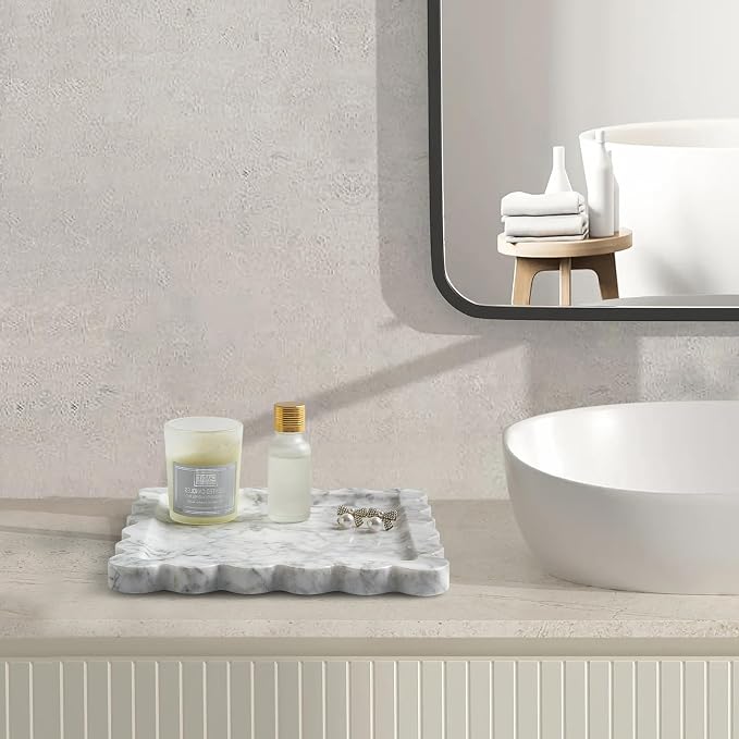 Real Natural Scalloped Marble Tray for Bathroom, Vanity, Kitchen and Desktop, Decorative Stone Tray for Jewelry, Cosmetics, Candles, Lotion, Perfume and Home Décor (White, 8" x 8")
