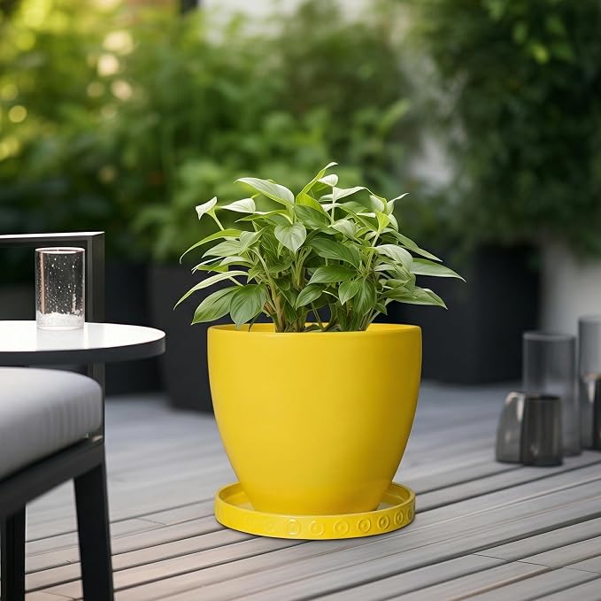 Eightpot Plant Drip Trays, 11.4 Inch Plant Saucers for Indoors, Ceramic Plant Saucers for Outdoors, Round Plants Plates to Catch Water, Boho Decorative Plants Dishes to Catch Water, Yellow