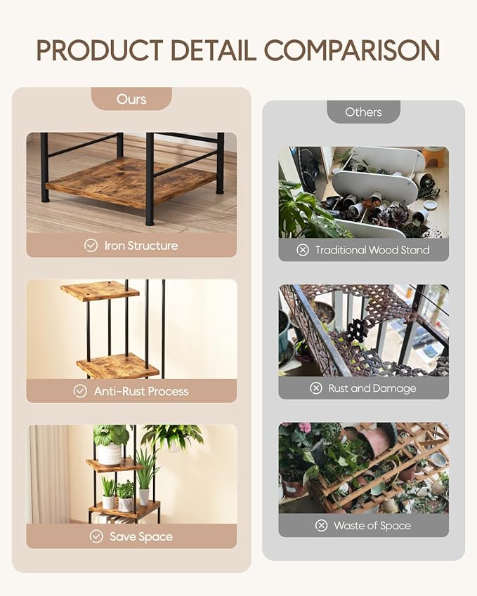 Homsorout Plant Stand Indoor - 5-Tier Metal Plant Shelf with Hanging Basket Hook, Corner Tall Flower Holder for Multiple Plants, Living Room Balcony Garden Patio, Rustic Brown