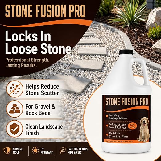 Stone Fusion Pro Stone Glue, 1 Gallon – Heavy-Duty Landscape Adhesive for Decorative Stone, Gravel & Rock Beds, 100% Acrylic Rock Binder, 1:1 Mix, Kid & Pet Safe, Made in USA
