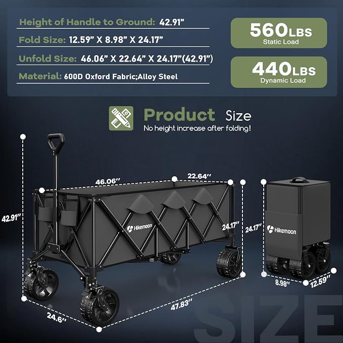 Hikemoon 300L Extra Large Wagons Carts Foldable, 560LBS Heavy Duty Collapsible Beach Wagon 48" Long with Big All-Terrain Wheels, Utility Folding Cart for Camping, Grocery, Sports, Garden, Grey