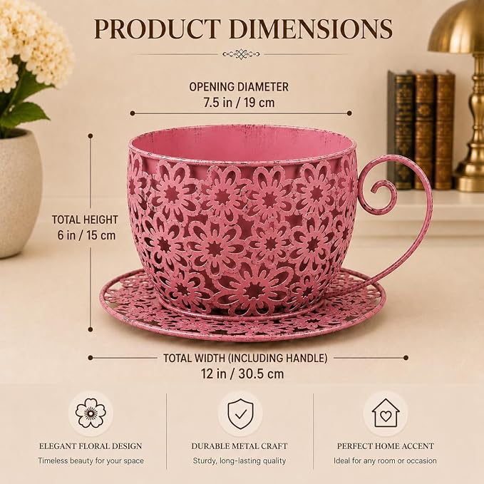 12 Inch Antique Metal Teacup Planter for Outdoor Plants Teapot Planter Floral Hollow Out Decorative Rustic Iron Flower Pot for Summer Garden Patio Home Decor (Vintage Rose)