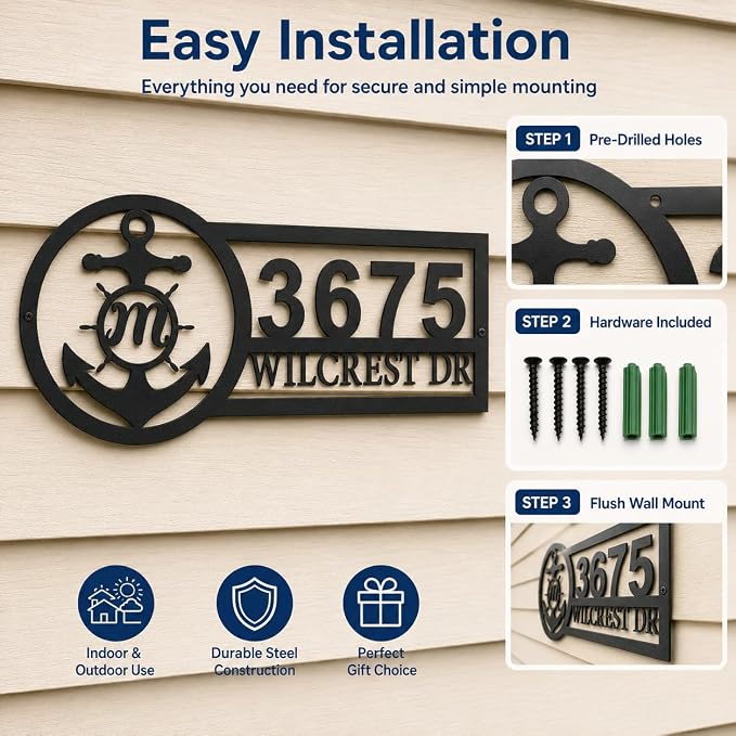 Custom Metal Address Sign Personalized House Number Plaque with Anchor Monogram Nautical Outdoor Address Marker for Front Door Porch Yard Gate Fence Wall Decor