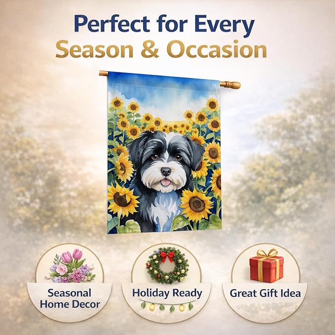 Caroline's Treasures DAC6097CHF Havanese in Sunflowers House Flag Large Porch Sleeve Pole Decorative Outside Yard Banner Artwork Wall Hanging, Polyester, House Size, Multicolor