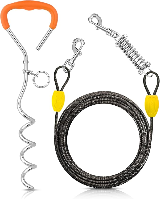 Petbobi Dog Tie-Out Cable and Stake - 20ft Heavy Duty Cable with Spring, No Tangle, 16in Ground Stake, Ideal for Outdoor Yard, Camping, Suitable for Small Medium Large Dogs Up to 120 lbs, Black
