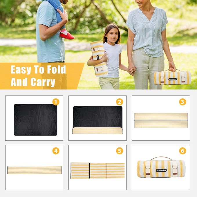 G GOOD GAIN Picnic Blankets Waterproof - Extra Large Outdoor Blanket Sand Free Foldable with Carry Strap for Beach, Camping, Park Grass, Hiking, Travel, Concerts, Indoor(Bumblebee)