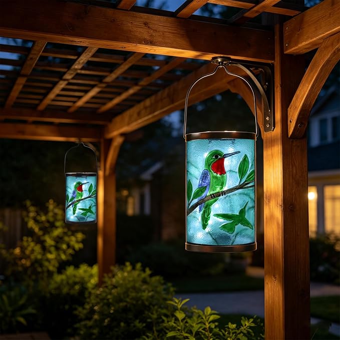 Hanging Solar Lantern Outdoor Waterproof Hummingbird Solar Lights Glass Tabletop Decorative Lamp for Outdoor Patio Garden Outside Yard Decor