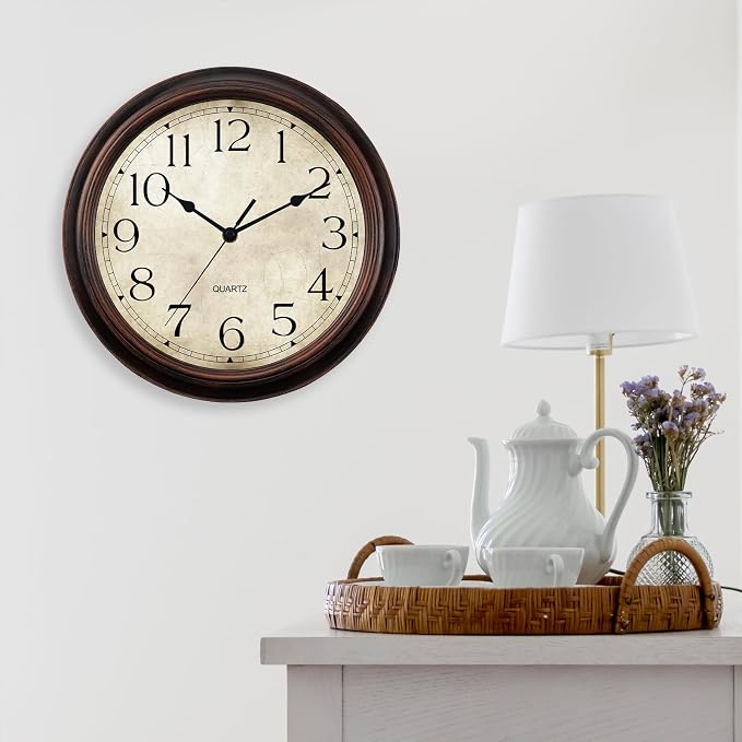 KECYET 12 Inch Wall Clocks Battery Operated Silent Non-Ticking Analog Wall Clock Vintage Retro Rustic Style Decorative for Living Room Kitchen Home Office(Bronze)