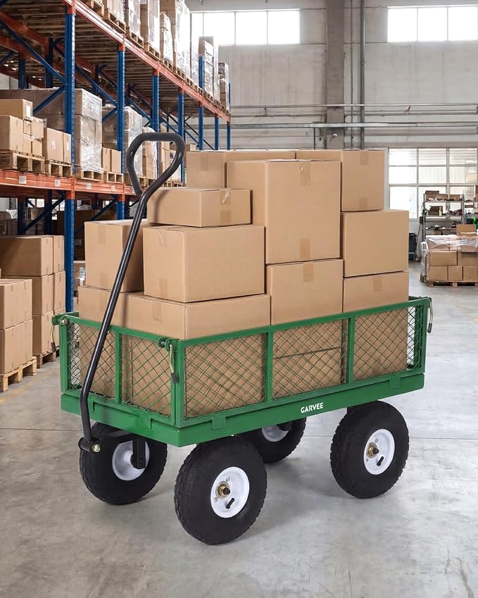 Garvee Versatile Outdoor Utility Cart - 400LBS Heavy-Duty, 10" All-Terrain Pneumatic Tires, Easy Maneuverable Lawn Cart with Removable Mesh Panels for Gardening & Landscaping, Green