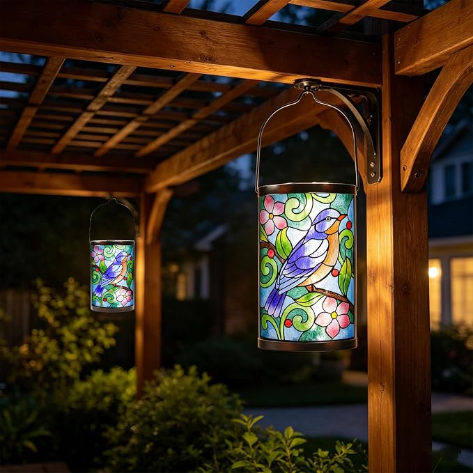 Solar Lantern Outdoor Waterproof Hanging Solar Lights Bluebird Glass Decorative Lanterns for Outdoor Patio Lawn Outside Yard Garden Decor
