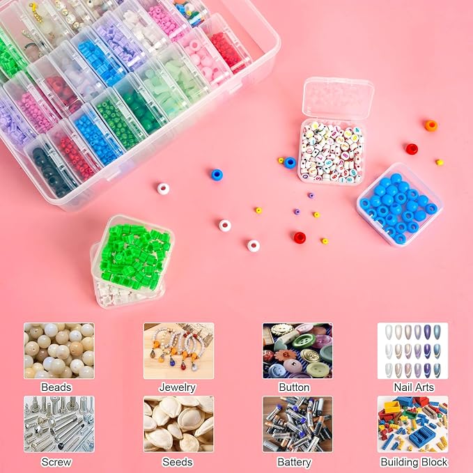Bead Organizer and Storage Box, 30Pcs Small Clear Plastic Storage Containers 1 Large Craft Organizer Box 1 Sheet Label Sticker, Mini Storage Box for Jewelry Making Diamonds Arts Screws Seeds