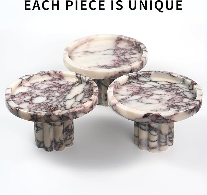 Marble Perfume Tray with Legs - Round Decorative Stone Pedestal for Bathroom Vanity Coffee Table Kitchen Countertop, Footed Jewelry Candle Organizers Catchall Plate Riser with A Scalloped Leg