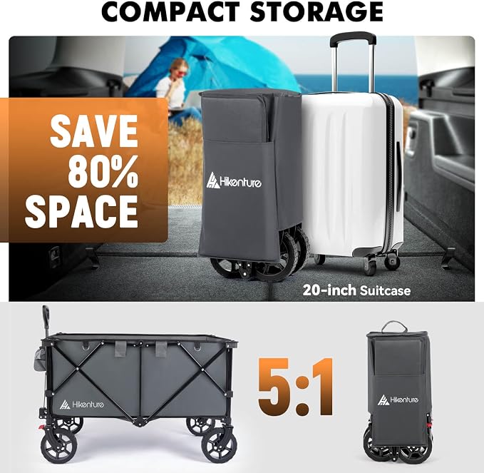 Hikenture Collapsible Wagon 330LBS Capacity, 200L Extra Large Wagons Carts | Utility Wagon for Grocery, Garden, Camping & Sports Gear; One-Hand Fold; 360-Degree Wheels; Built-In Wheel Brake