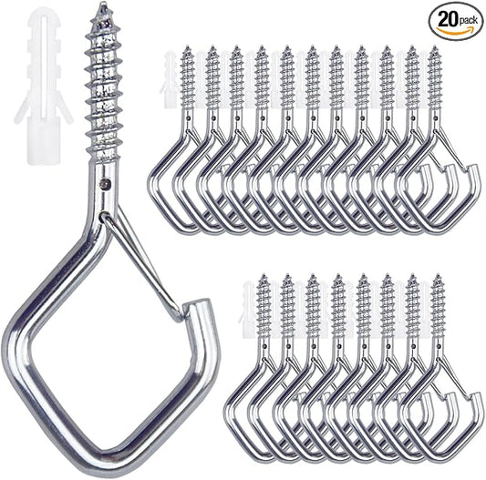 20PCS Eye Screw Hooks for Hanging Heavy Duty with Safety Buckle.Metal Ceiling Hooks for Hanging Plants,Cup,Wind Chime,Bird Feeders,String Lights at Indoor&Outdoor,2.36 Inch(No Drill Bit)