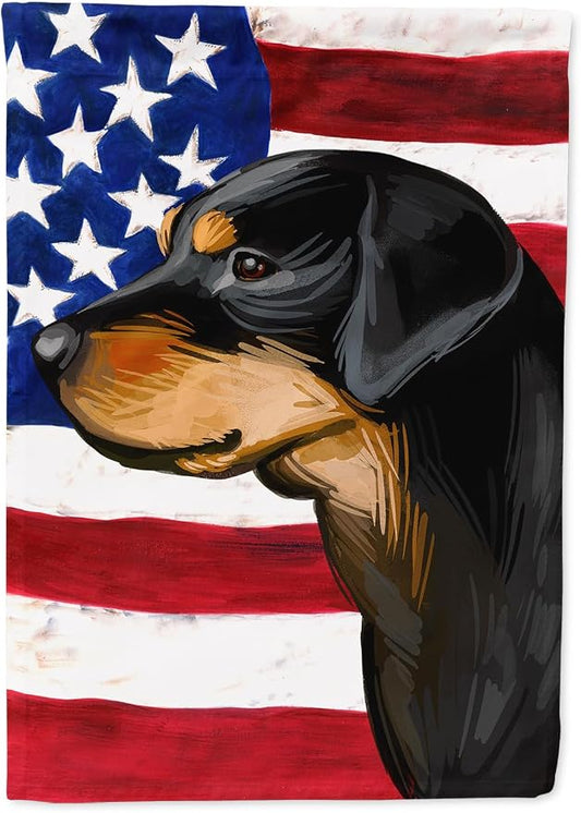 Caroline's Treasures CK6714CHF Smaland Hound Dog American Flag House Flag Large Porch Sleeve Pole Decorative Outside Yard Banner Artwork Wall Hanging, Polyester, House Size, Multicolor