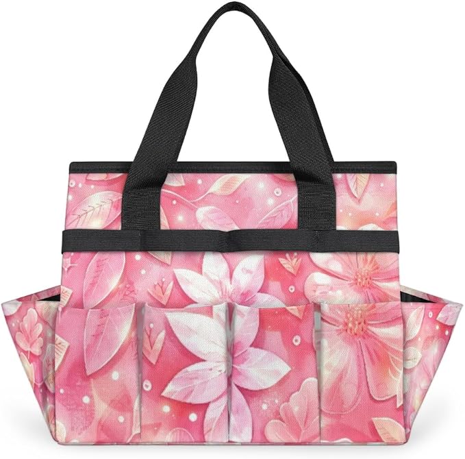 Rose Red flower Gardening Tool Bag,Heavy Duty Garden Tote Bag,Portable Oxford Gardening Storage Basket Organizer Handbag with Pockets Handle,Hand Tools Gifts for Outdoor Garden Lawn