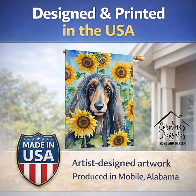 Caroline's Treasures DAC6001CHF Afghan Hound in Sunflowers House Flag Large Porch Sleeve Pole Decorative Outside Yard Banner Artwork Wall Hanging, Polyester, House Size, Multicolor