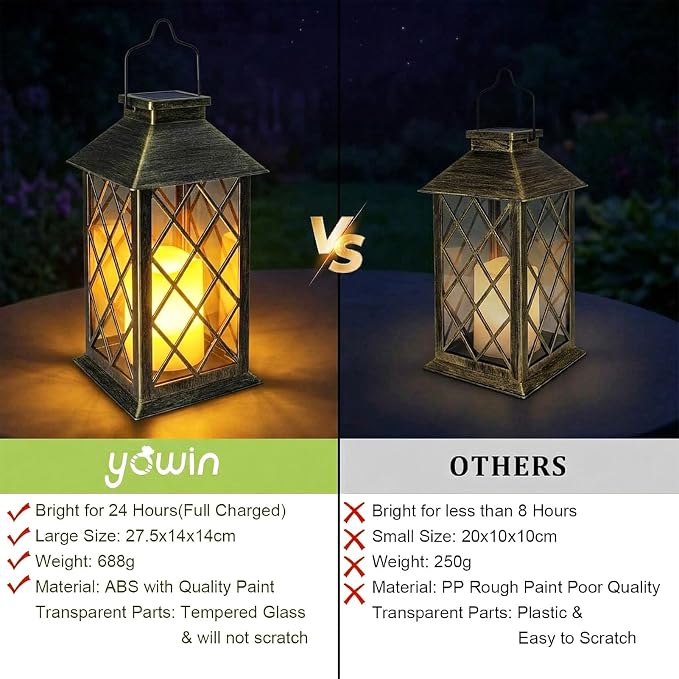 Yowin Solar Lanterns Outdoor Waterproof 2 Pack 14" Large Tempered Glass Hanging Solar Lantern with Flameless Candle, Garden Gifts, Table Lamp for Wall Balcony Patio Vintage Decorations - Bronze