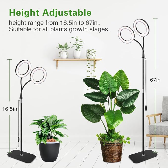 Grow Light with Stand for Indoor Plants, Dual Head Full Spectrum Floor Plant Light for Large Tall Plants, 16.5-68in Adjustable Height, 3/9/12H Timer, Dimmable, Modern Ring Grow Lamp for Home Décor
