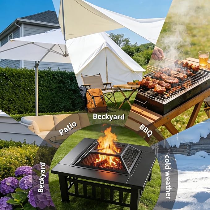3-in-1 Multifunctional Square Fire Pit Table, 32-Inch Outdoor Metal Fire Pit with Ice Bucket, Black Powder Coated Iron, Charcoal Fueled