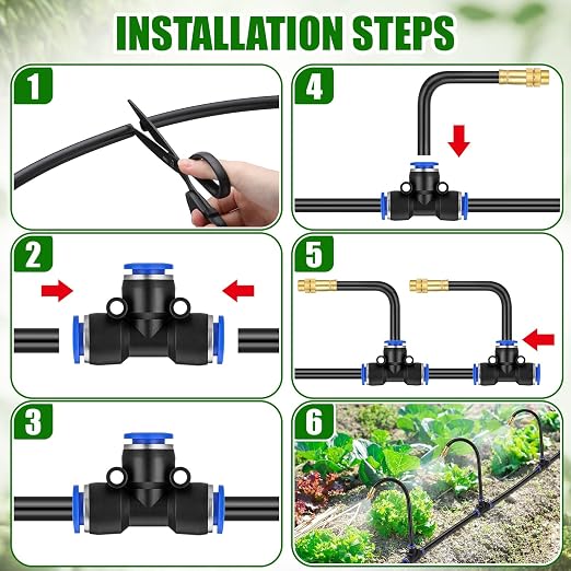 SiliFine 150 Pcs 98 ft 3/8" Greenhouse Drip Irrigation Kit with 40 Brass 360° Adjustable Nozzles and Faucet Adapter Install Adapters for Plants Lawns Gardens