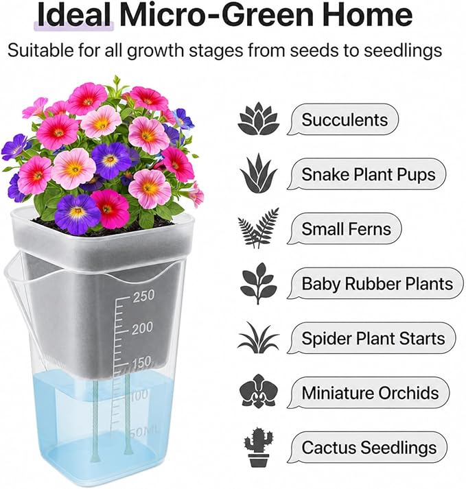 10 Pack 2.5" Self Watering Pots for Indoor Plants with Anti-Tip Tray & Reservoir Refill Bottle, Seed Starter Kit for Seedlings, Cuttings, Succulents, Herbs, 10 Plant Labels (Transparent)
