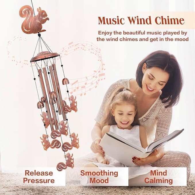 Squirrel Wind Chimes for Outside,Squirrel Gifts for Women Men/Memorial Gift/Birthday Gifts Metal windchimes Outdoors/Indoors,Garden Decor,Patio,Home,Porch,Yard Decorations