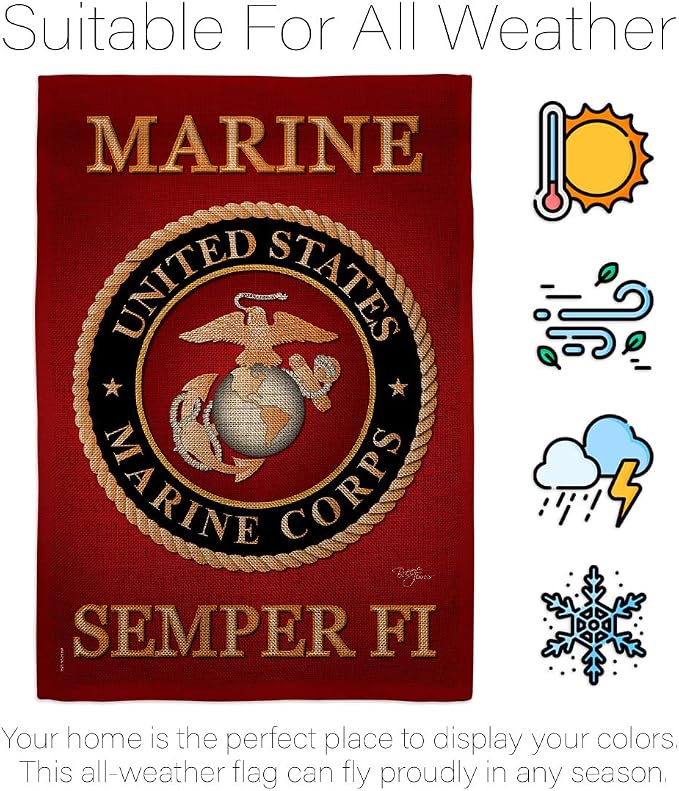 Marine Corps Burlap Garden Flag - Set with Stand Armed Forces USMC Semper Fi United State American Military Veteran Retire Official - House Banner Small Yard Gift Double-Sided Made In USA , Garden Flag 13"x 18.5"