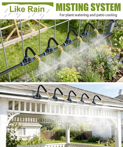 32FT 5/16" Misting Irrigation System for Garden with 10 Adjustable Nozzles | 360° Bendable Copper Nozzles, Quick Connect, Steady Flow, UV-Resistant PE Tubing & Accessories, Garden Beds& Greenhouse