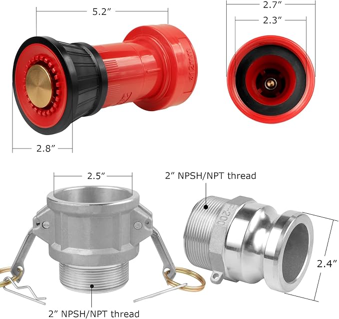 NOVINO Fire Hose Nozzle,2 inch NPSH Heavy-Duty Industrial Fire Hose Constant Flow Fog Nozzle with 2pcs 2" Aluminum Camlock Fitting Coupling Equipment