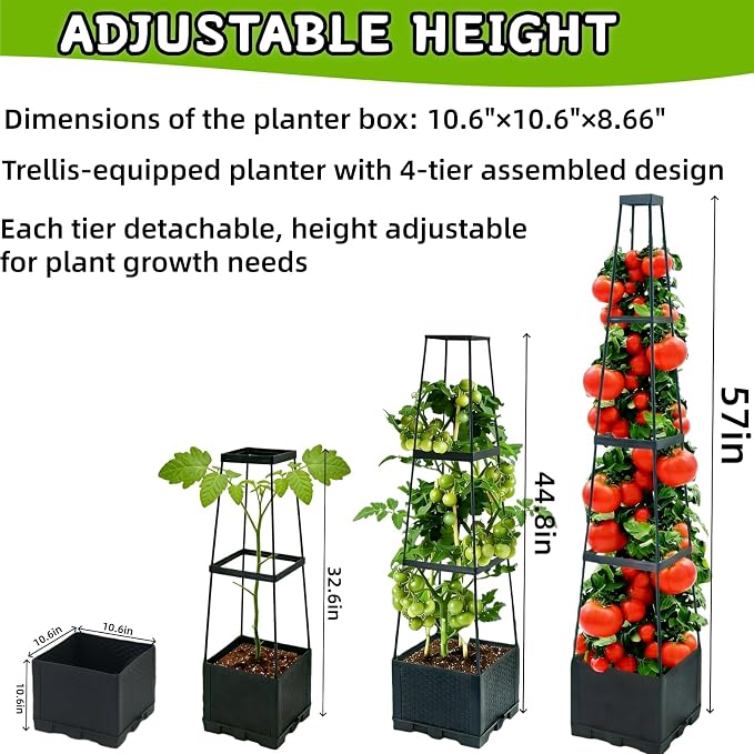 2Pcs Raised Garden Bed Tomato Planter Box with Trellis, 57 Inch Self-Watering Large Tomato Cage for Patio Garden Pots, Climbing Plants Cucumber Vine Vegetables Flowers Outdoor & Indoor