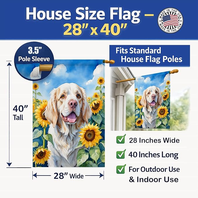 Caroline's Treasures DAC6056CHF Clumber Spaniel in Sunflowers House Flag Large Porch Sleeve Pole Decorative Outside Yard Banner Artwork Wall Hanging, Polyester, House Size, Multicolor