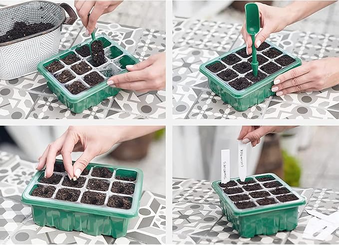 6-Pack Seed Starter Tray Kit with Grow Light | Adjustable Brightness & Timing Controller, Seedling Trays with Humidity Domes & Heightened Lids, Thicken Design