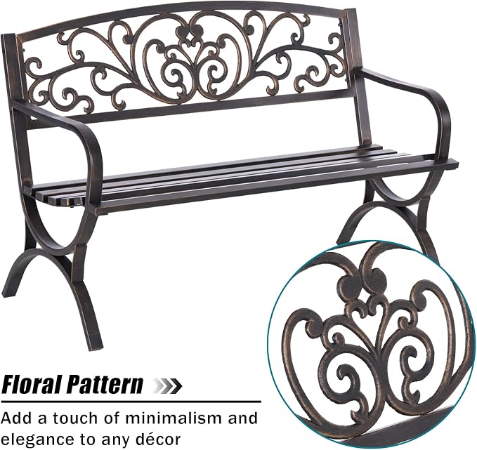 MFSTUDIO 50 Inches Outdoor Garden Bench, Cast Iron Metal Frame Patio Park Bench with Floral Pattern Backrest, Arch Legs for Porch, Lawn, Yard-Bronze