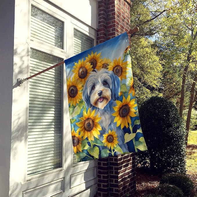 Caroline's Treasures DAC6168CHF Tibetan Terrier in Sunflowers House Flag Large Porch Sleeve Pole Decorative Outside Yard Banner Artwork Wall Hanging, Polyester, House Size, Multicolor