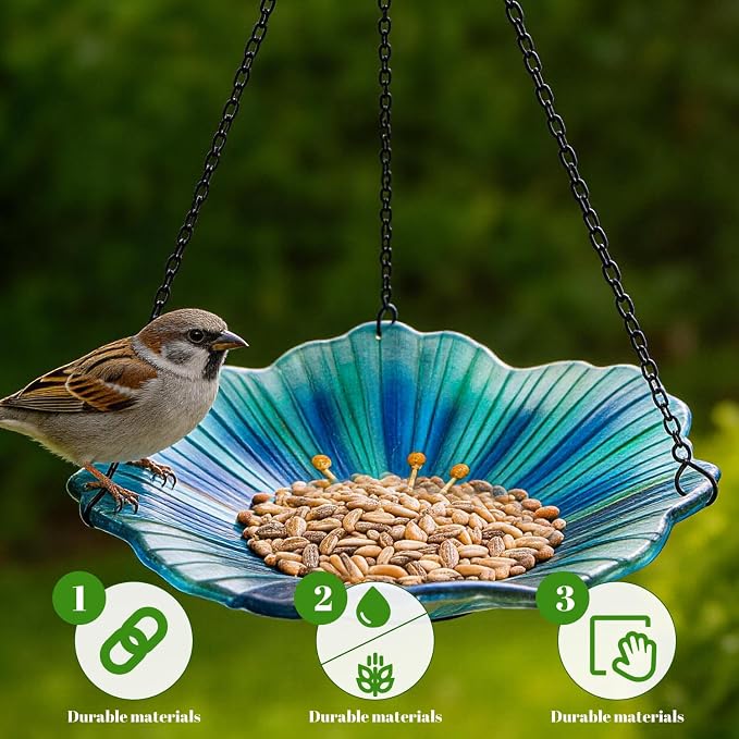 HONGLAND Bird Baths for Outdoors, Glass Birdbaths Outdoor Birdfeeder with Metal Stake (Light Blue with Hanging)