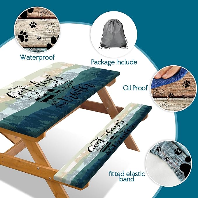 Picnic Table Cover Bench Elastic Edges, Green Blue Camping Forest Camper Fitted Table Cover, Outdoor Patio Camping Essentials 60 Inch 3PCS, Waterproof Camping Fitted Tablecloth with Drawstring Bag
