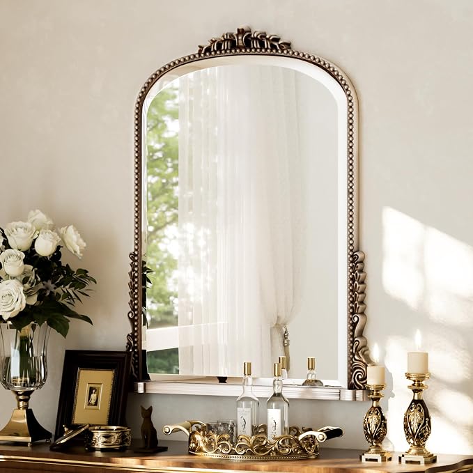 24"×32" Silver Arched Wall Mirror with Vintage Carving | Bathroom Vanity Makeup Mirror, as Wall Decor Hanging Leaning for Fireplace Mantle, Living Room, Bedroom, Vanity Area