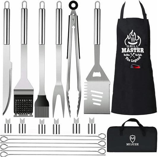MUJUZE Grilling Accessories,BBQ Gifts for Men,Grilling Gifts for Men,BBQ Grill Sets for Dad,BBQ Accessories with Apron for Dad,Grill Tool Set,Grill Kit for Camping,Backyard